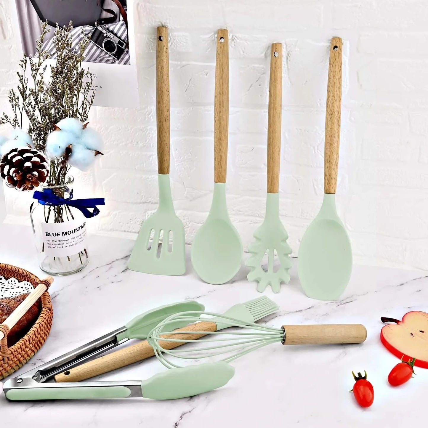 12-Piece Premium Silicone Kitchen Utensil Set with Wooden Handles & Holder | Heat-Resistant Cooking Tools