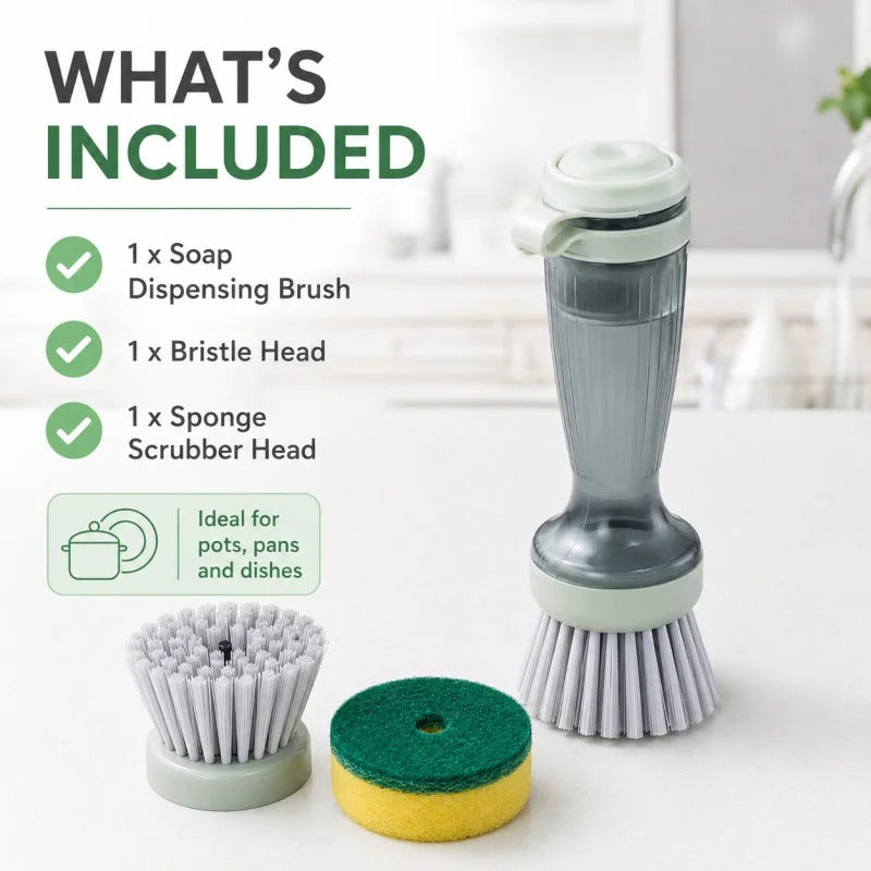 Soap Dispensing Dish Brush – Kitchen Cleaning Brush with Refillable Soap Reservoir | Pot, Pan & Sink Scrubber