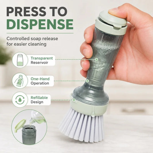 Soap Dispensing Dish Brush – Kitchen Cleaning Brush with Refillable Soap Reservoir | Pot, Pan & Sink Scrubber