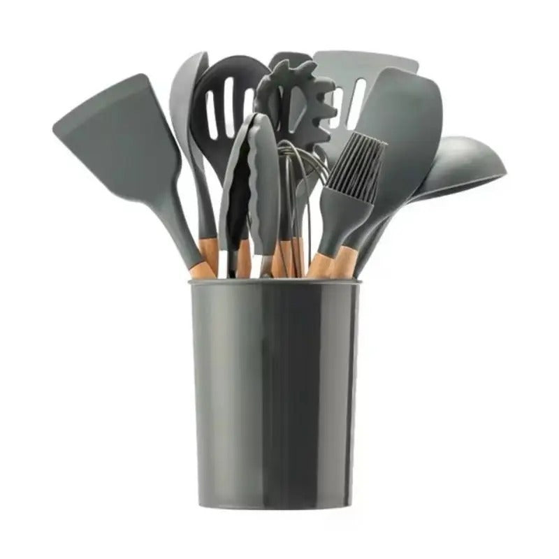 12-Piece Premium Silicone Kitchen Utensil Set with Wooden Handles & Holder | Heat-Resistant Cooking Tools