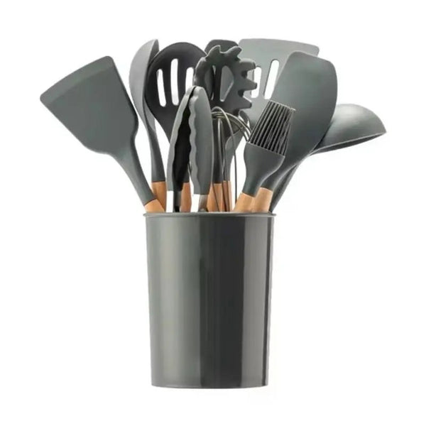 12-Piece Silicone Kitchen Utensil Set with Wooden Handles