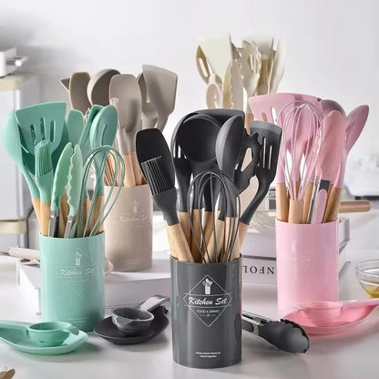 12-Piece Premium Silicone Kitchen Utensil Set with Wooden Handles & Holder | Heat-Resistant Cooking Tools