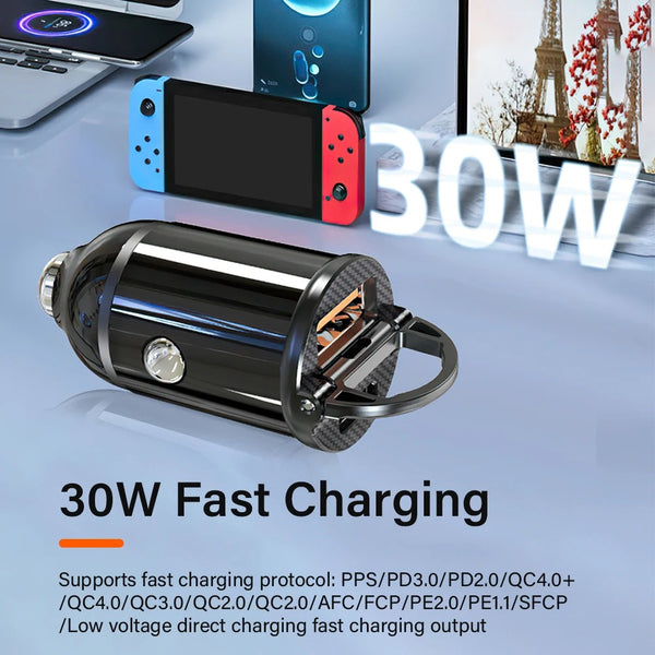 30W USB-C + USB-A Fast Car Charger | Compact Dual Port Car Adapter
