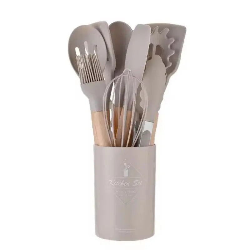 12-Piece Premium Silicone Kitchen Utensil Set with Wooden Handles & Holder | Heat-Resistant Cooking Tools
