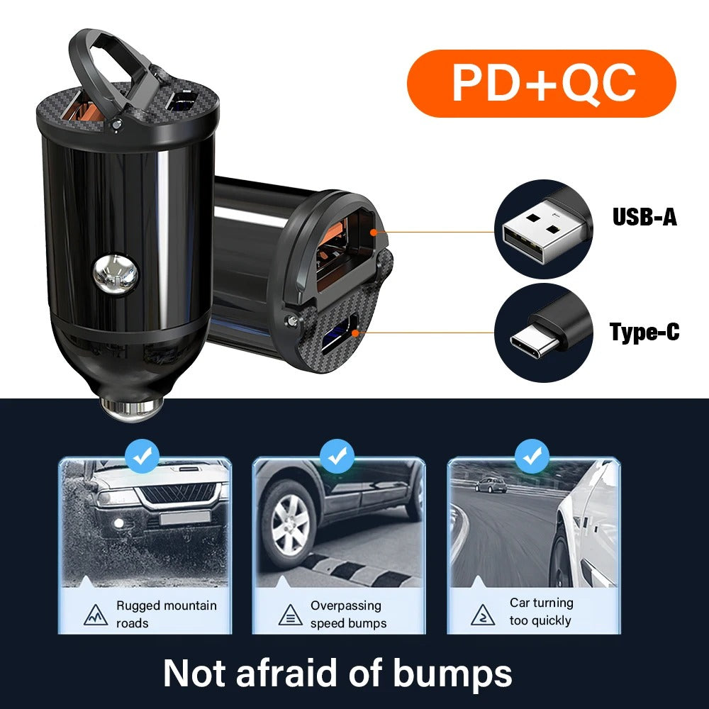 30W USB-C + USB-A Fast Car Charger | Compact Dual Port Car Adapter