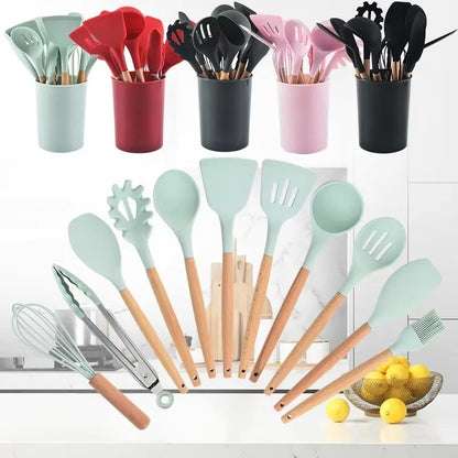 12-Piece Premium Silicone Kitchen Utensil Set with Wooden Handles & Holder | Heat-Resistant Cooking Tools