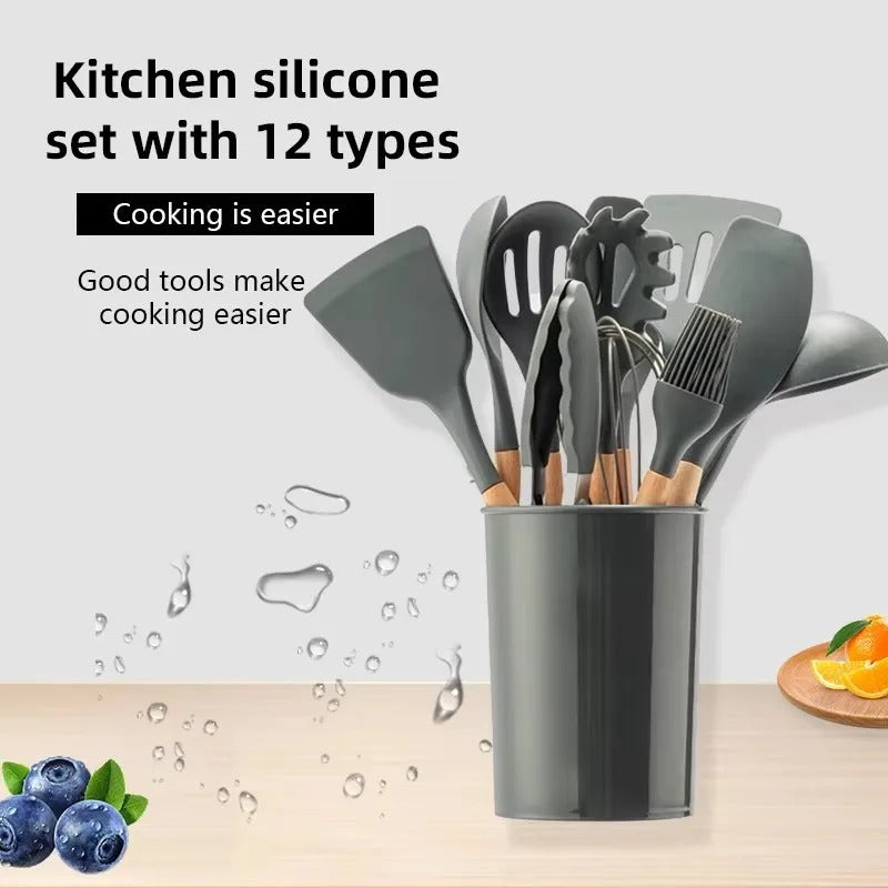 12-Piece Premium Silicone Kitchen Utensil Set with Wooden Handles & Holder | Heat-Resistant Cooking Tools