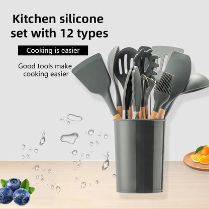 12-Piece Premium Silicone Kitchen Utensil Set with Wooden Handles & Holder | Heat-Resistant Cooking Tools