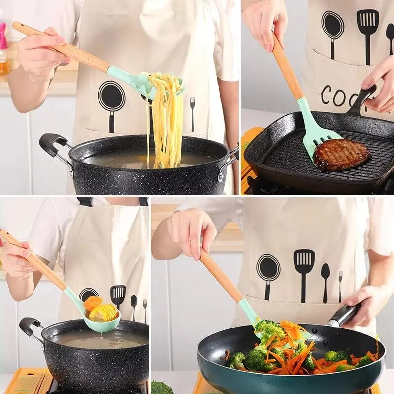 12-Piece Premium Silicone Kitchen Utensil Set with Wooden Handles & Holder | Heat-Resistant Cooking Tools