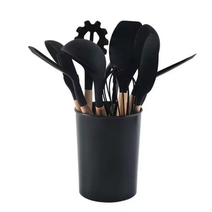 12-Piece Premium Silicone Kitchen Utensil Set with Wooden Handles & Holder | Heat-Resistant Cooking Tools