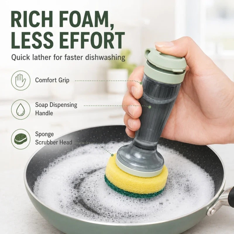 Soap Dispensing Dish Brush – Kitchen Cleaning Brush with Refillable Soap Reservoir | Pot, Pan & Sink Scrubber