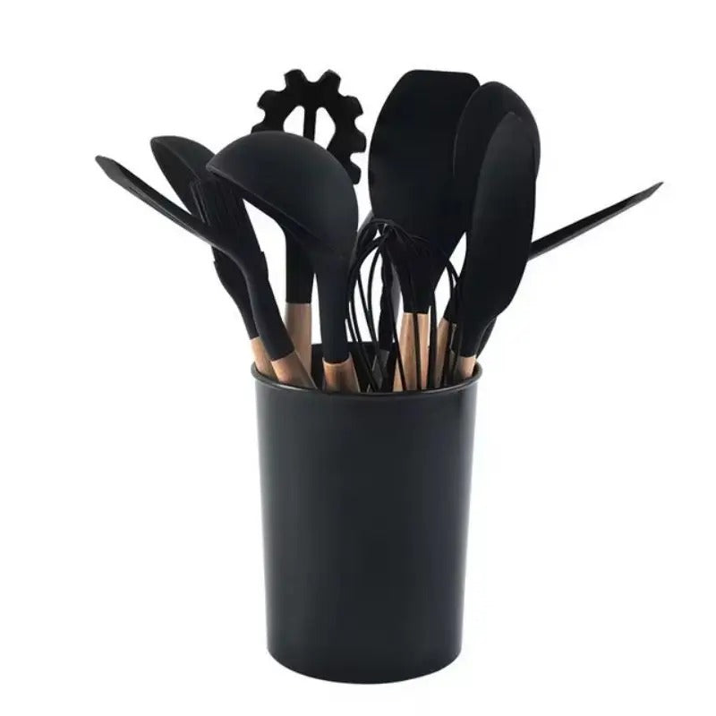 12-Piece Premium Silicone Kitchen Utensil Set with Wooden Handles & Holder | Heat-Resistant Cooking Tools