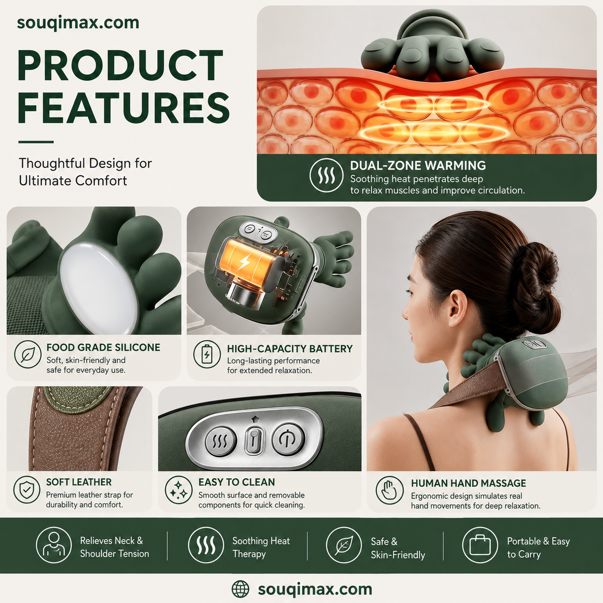 Souqimax™ 3D Deep-Tissue Dual-Palm Portable Neck & Shoulder Massager with Heat
