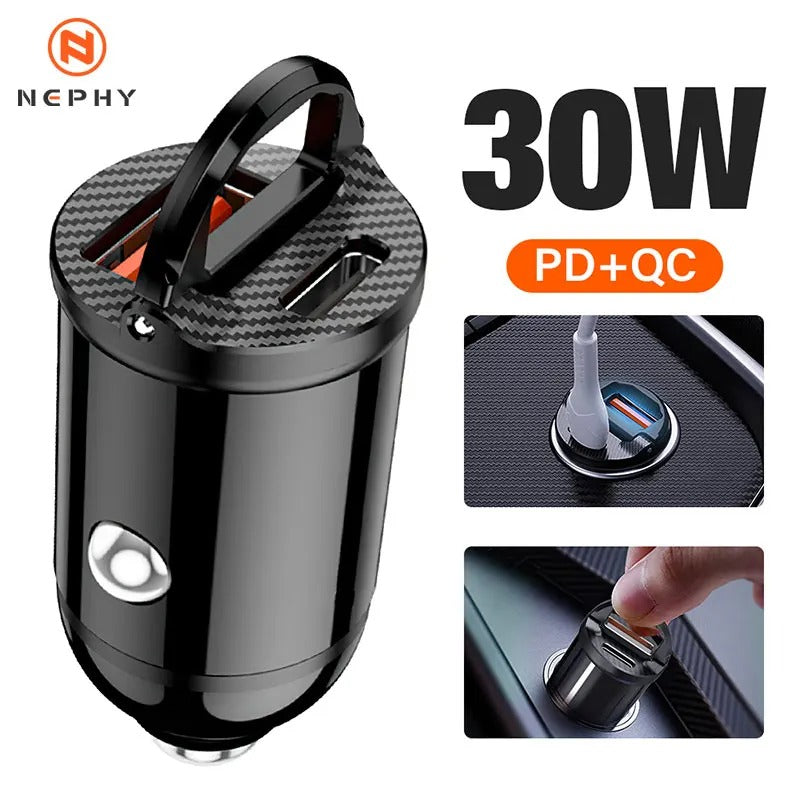 30W USB-C + USB-A Fast Car Charger | Compact Dual Port Car Adapter