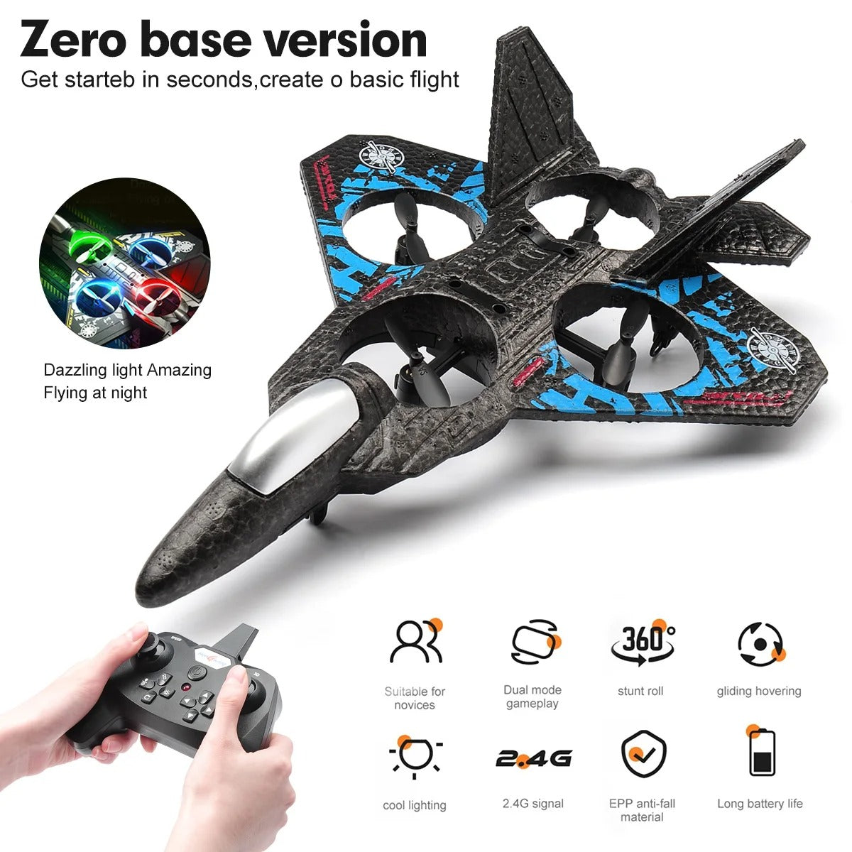 L0712 Remote Control Fighter Airplane | 2.4GHz RC Foam Jet with LED Lights & Rechargeable Battery