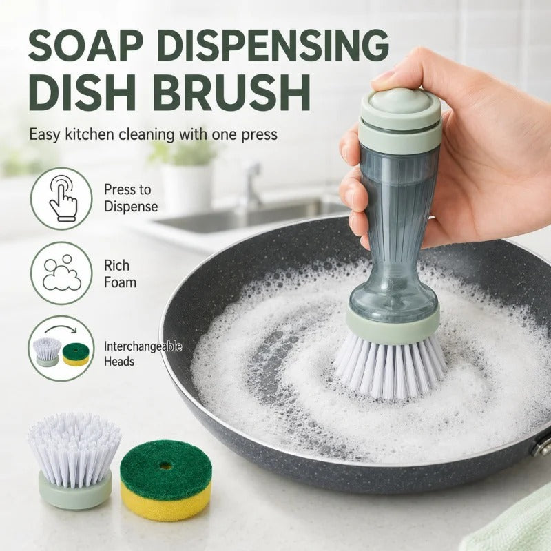 Soap Dispensing Dish Brush – Kitchen Cleaning Brush with Refillable Soap Reservoir | Pot, Pan & Sink Scrubber