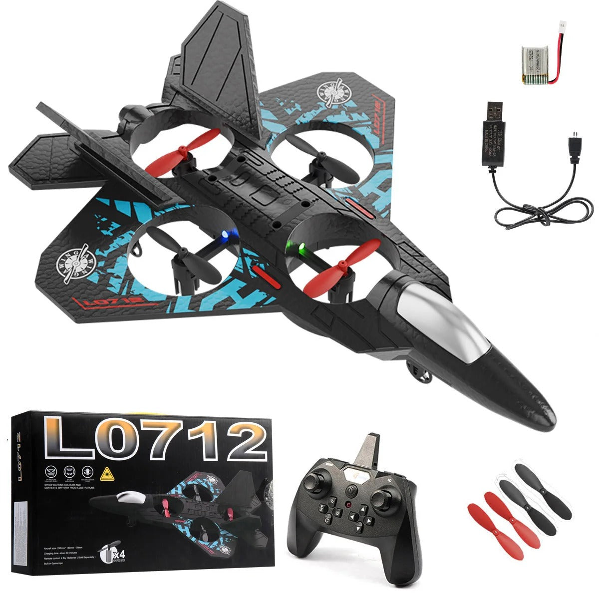 L0712 Remote Control Fighter Airplane | 2.4GHz RC Foam Jet with LED Lights & Rechargeable Battery