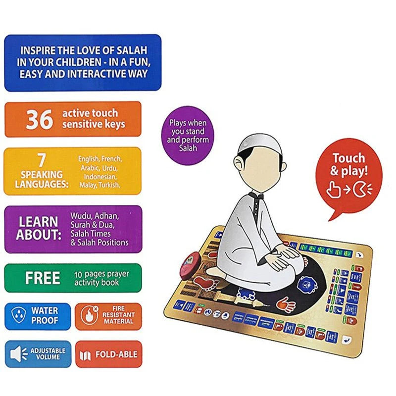 Interactive Islamic Prayer Mat for Kids | Educational Salah Learning Mat with 5 Daily Prayers & Audio Guidance